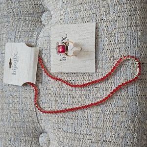 BIJOUX BAR BRAND WOMENS RED FASHION JEWELRY NECKLACE AND RING BUNDLE